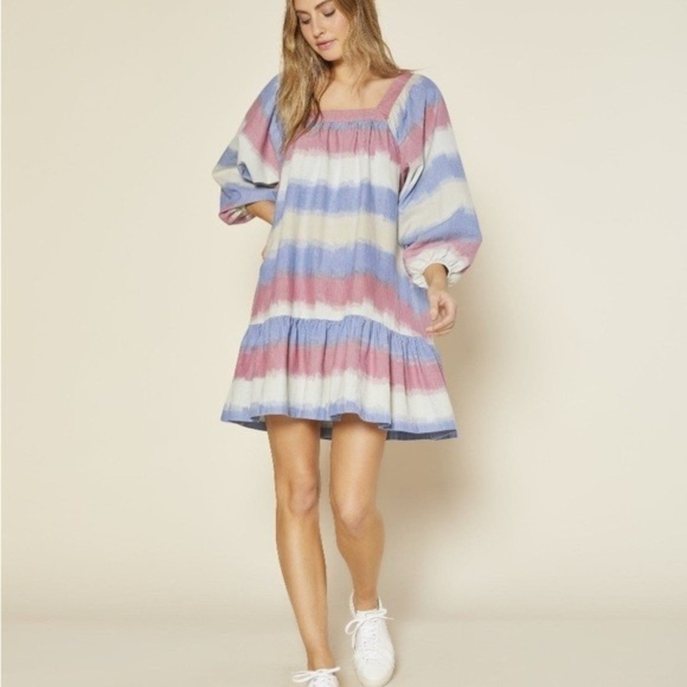 Outerknown Piece&Co Miro Dress Organic Cotton Multicolor Stripe Balloon Sleeve M